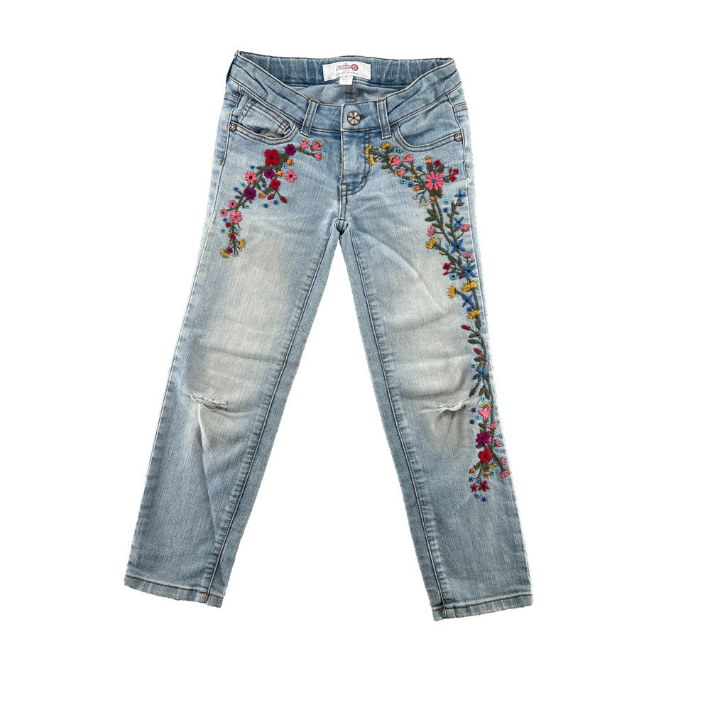 Annie O Girls Embroidered Floral Skinny Jeans Size 7 Light Wash Denim